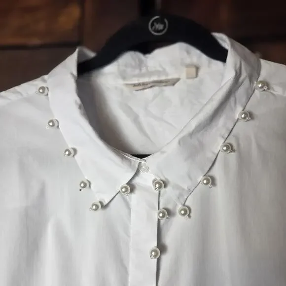 Soft Surroundings Shirt Womens 3X White Pearl Beaded Button Up Tunic Long Sleeve - Picture 2 of 11